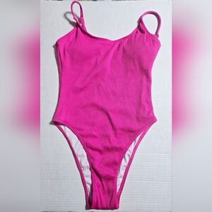 Hot Pink High Hip 1 Piece Ribbed Swimsuit Womens Small NWOT